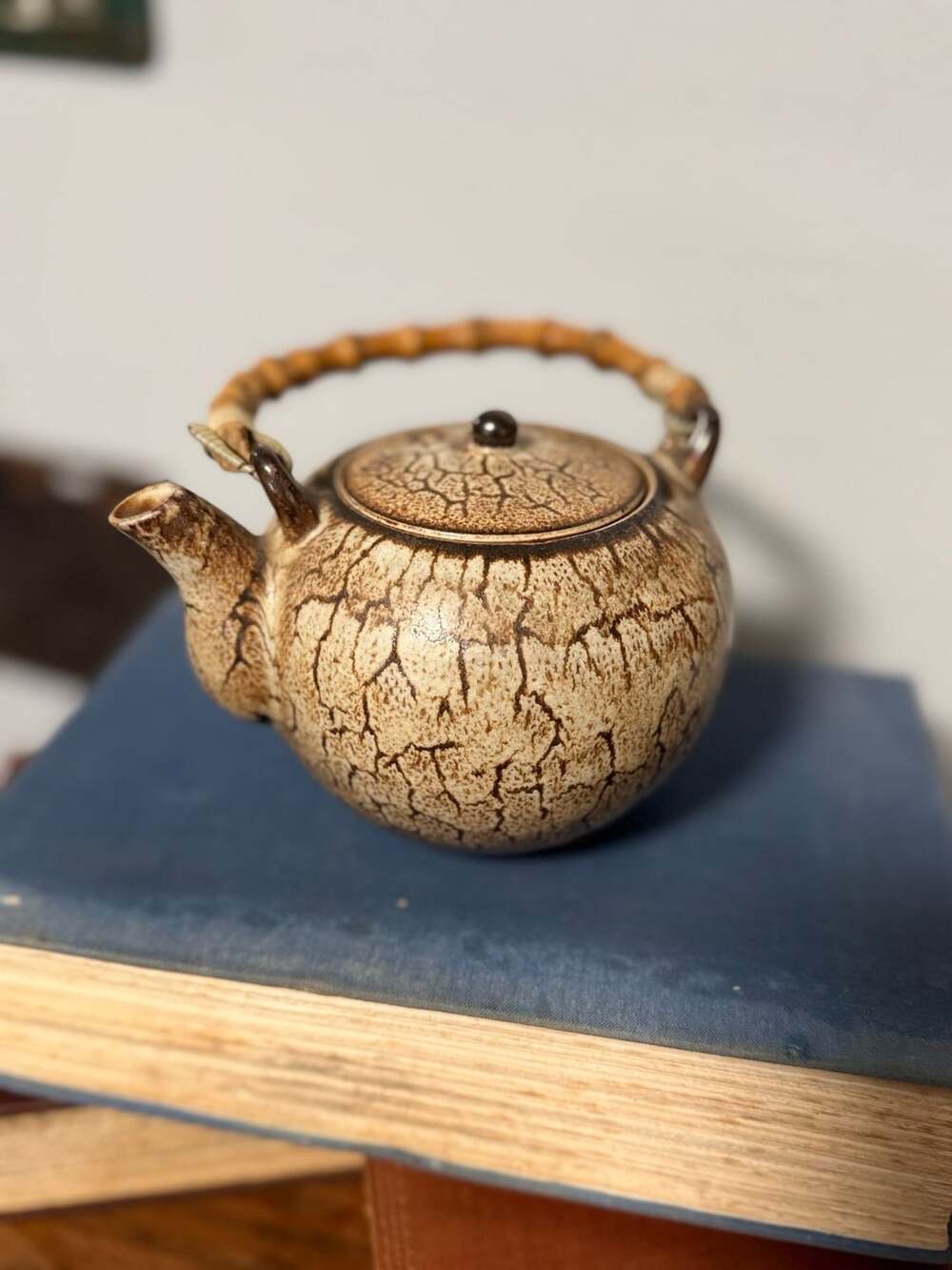 Vintage Ceramic Crackle Glaze Teapot with Bamboo Handle and Maker Mark